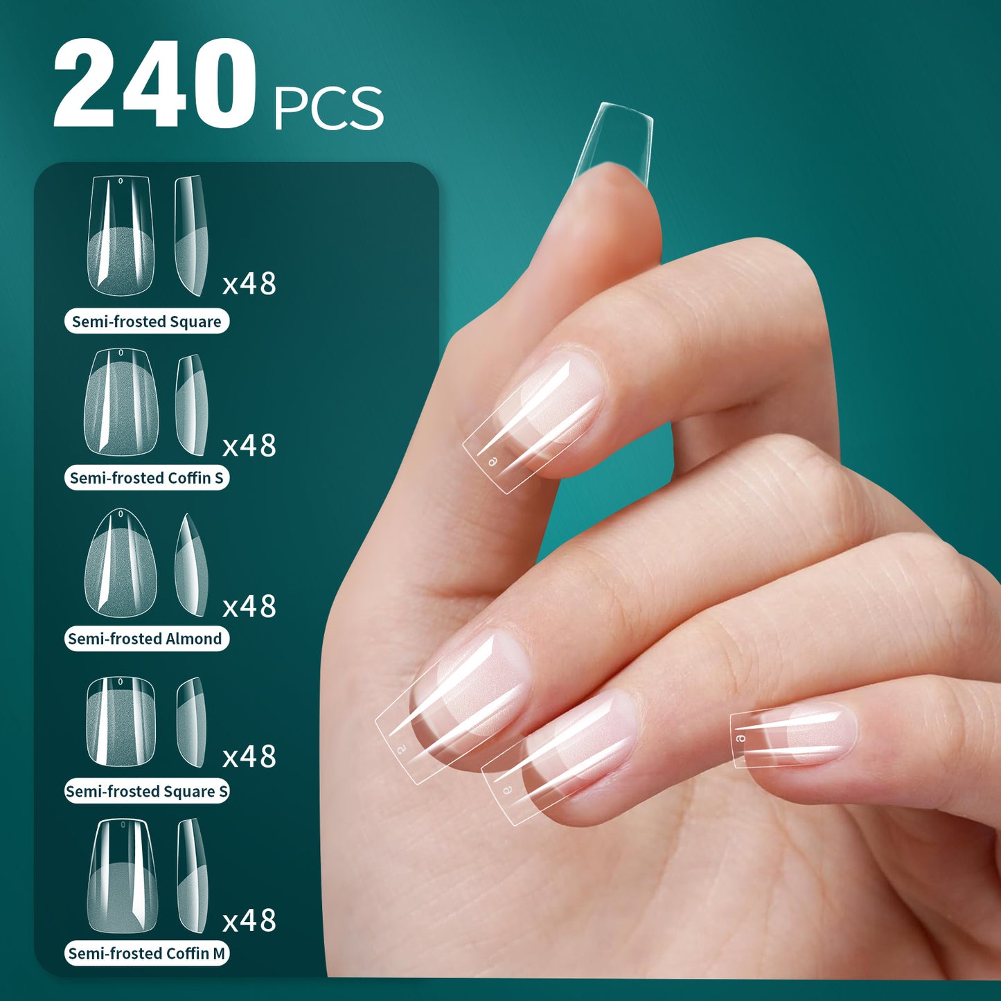 Five-in-one wearable nail tablets Transparent matte, no mark, no engraving, extended nail ultra-thin nail tablets (quantity: 240 tablets)